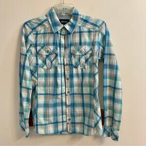 Marmot XS Women’s Green Blue Button Up Bridget Flannel Plaid Long Sleeve Shirt